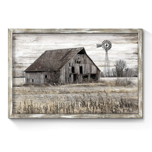Bedroom Rustic Wood Wall Art:Vintage Farmhouse Office Artwork Old Barn Windmill Rural Framed Picture Farm Gallery Horizontal Print Quiet Countryside Landscape Painting for Living Room Bedroom Home