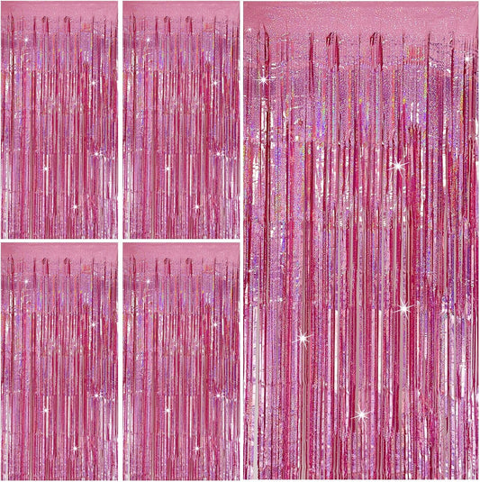 Skiennix Tinsel Curtain Backdrop - Pink Glitter Foil Fringe for Birthday & Party Decor | 5 Packs