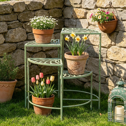 Vintage 4-Tier Metal Plant Stand for Indoor Outdoor Rustic Foldable Fan Shape Corner Plant Rack Distressed Green Flower Pot Holder Shelves for Patio Porch Garden Balcony Living Room (Green)