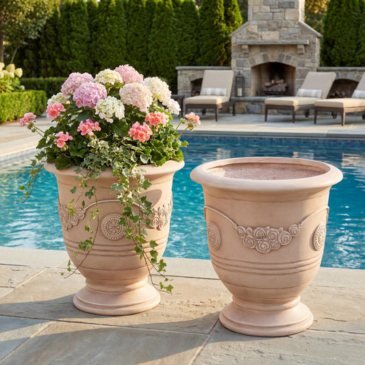 Christopher Knight Home Rewol Round Concrete Planter Set of 2, 2 Pack Garden Flower Pot with Drainage Hole, Floral Relif Patio Urn Planter for Outdoor Plants, Outdoor Planter Box, No Assembly, Beige
