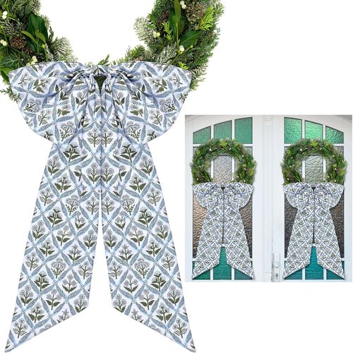 HunnmingRe Blue Block Print Bow Wreath Sash - 24 x 16 Inch Christmas Door Decor for Indoor/Outdoor Use