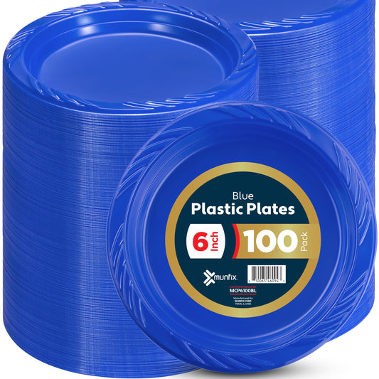 Munfix 6 Inch Blue Plastic Plates 100 Bulk Pack - Disposable Cake Plates for Dessert & Appetizers, BBQ, Party, Travel and Events, Microwavable Recyclable