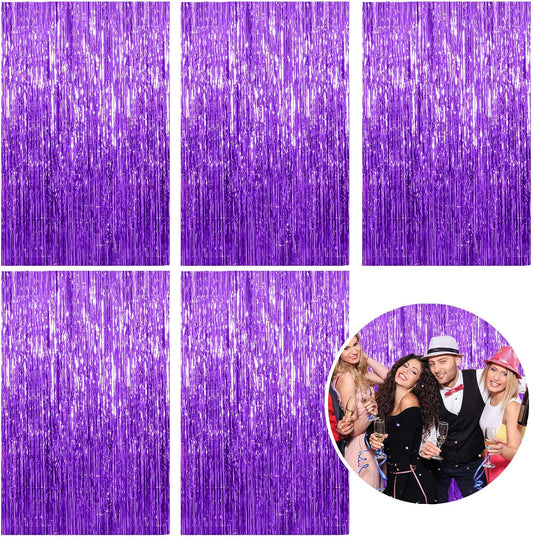 Skiennix Foil Curtain Backdrop - Purple Metallic Tinsel Fringe for Photo Booths | 5 Pack Party Decor