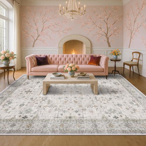 Hazo Haus Boho Light Grey Area Rug - Modern Vintage Floral Design, Washable 10x12 Size for Living Room & Dining Room