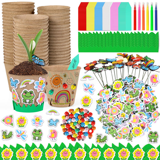 Aweyka 60 Pack Garden Paper Pot Craft Kit Flower Plant Spring Summer Craft with 50 Adhesive Foam Stickers 60 Paper Mache Pots Label Pens, Flower Planting Growing Kit Science Garden Gift