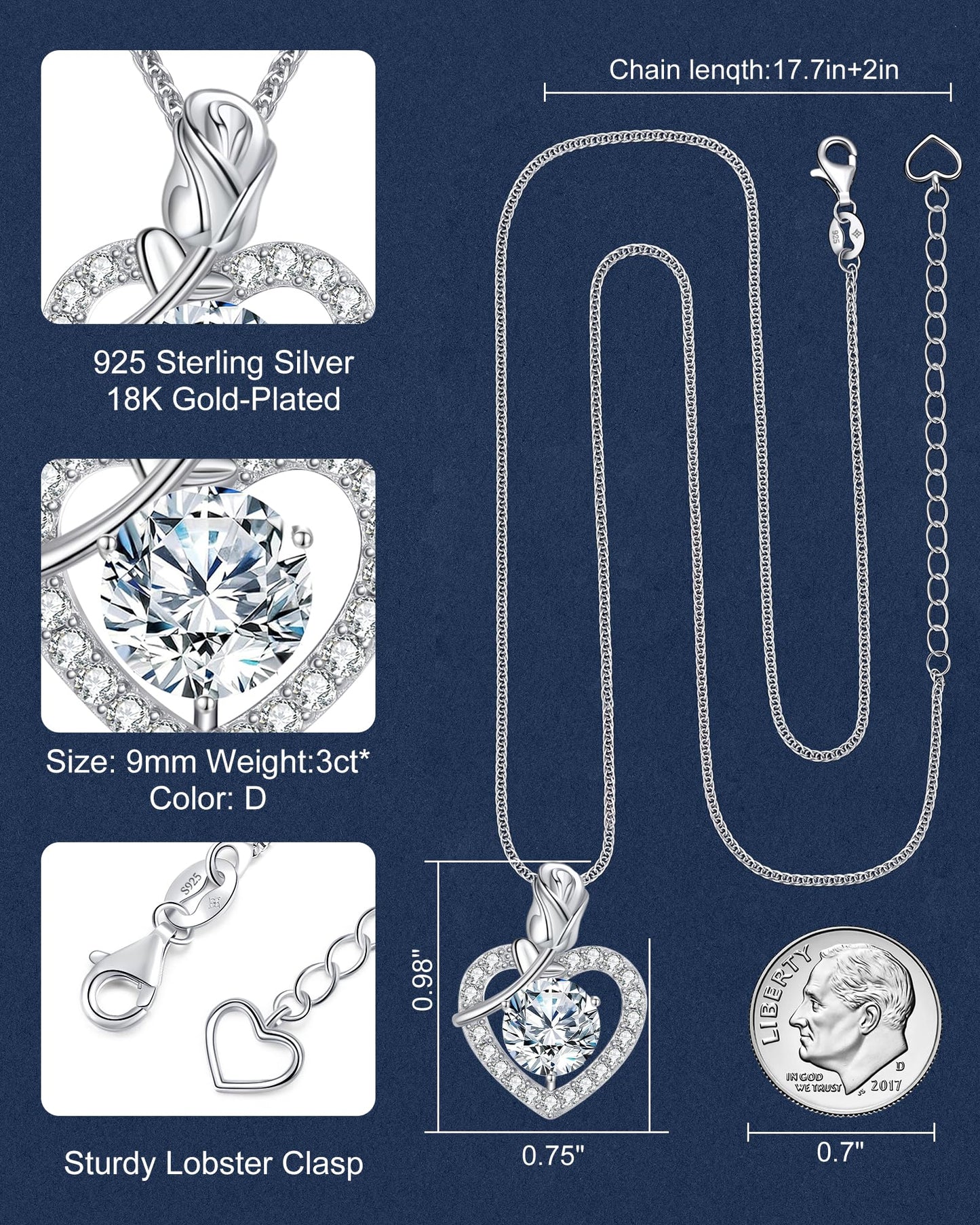 N9NEMUSES Rose Heart Pendant Necklace for Wife, 3CT Moissanite 925 Sterling Silver Necklace, Wedding Anniversary Birthday Christmas Valentines Day Jewelry Gifts for Wife Girlfriend Mom Daughter