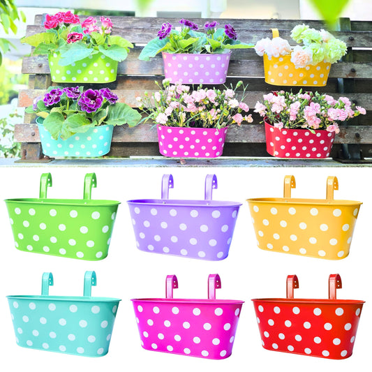 LaLaGreen Rail Planter Outdoor Plants (17 Inch, 6 Pack) Large Colorful Metal Iron Hanging Flower Pot Deck Railing Fence Buckets Countryside Style Window Plant Holder Hooks Porch Decor