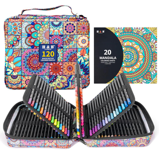 H & B 120-Color Black Wood Colored Pencils Set with Coloring Book, Eraser, Sharpener - Adult Drawing and Coloring - Artist-Grade Soft Oil-Based Cores - Works on Black Paper