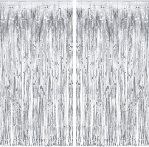 GREATRIL Silver Streamers Metallic Party Backdrop - Foil Fringe Tinsel Curtain for Events | 8.2ft x 3.2ft - Pack of 2