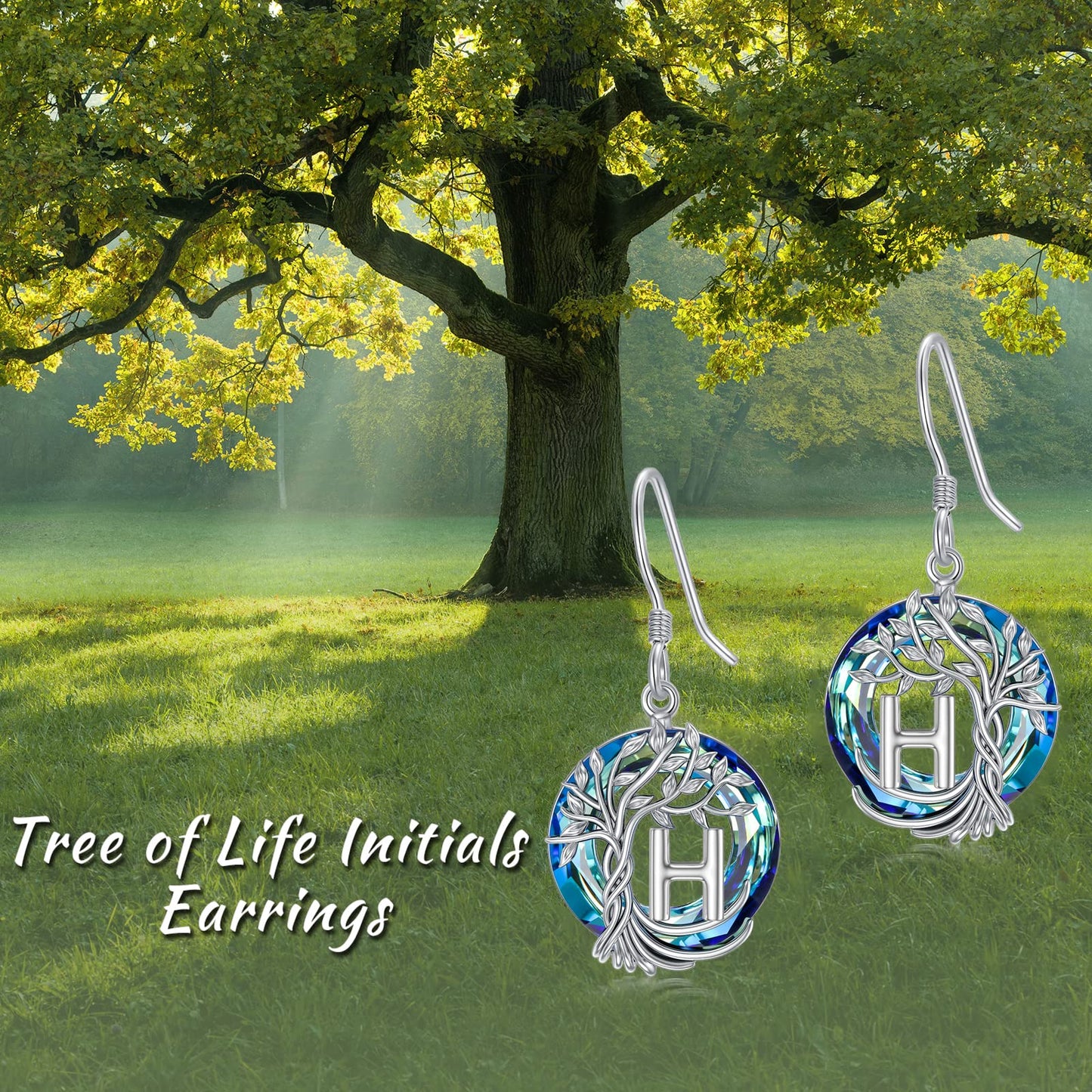 TOUPOP Tree of Life Initial Earrings Sterling Silver Initial H Letter Drop Dangle Earrings Blue Circle Crystal Family Tree Jewelry Birthday Mothers Day Gifts for Women Mom Her