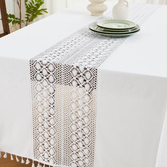 Warm Home Designs Extra Wide 70 x 104 White Oblong Tablecloth with Tassels. Heavy Poly Cotton Crochet Tablecloth is Great for Farmhouse or Vintage Decor, Wedding or Family Celebration. ZA White 104