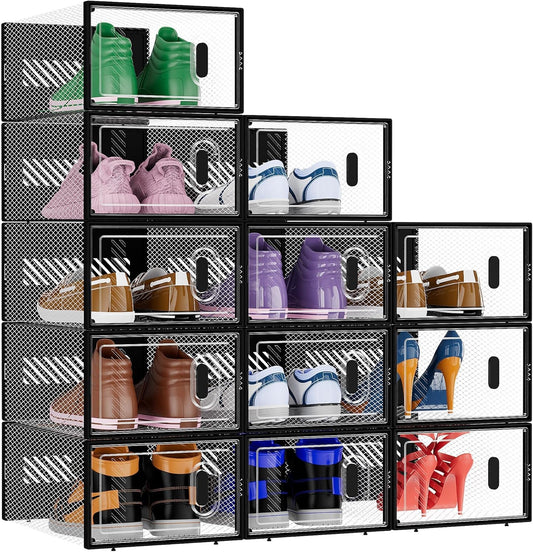 BALEINE Stackable Shoe Storage Boxes - 12 Pack Thickened Clear Plastic Bins with Lids | Large Black