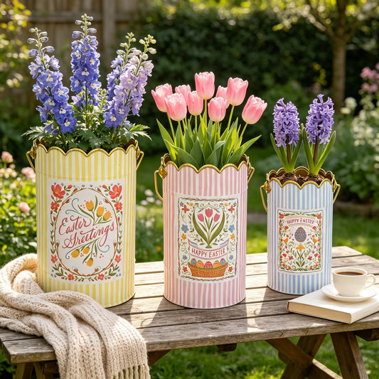 Zorvynelle Set of 3 Metal Bucket with Handle Decorative Floral Basket Bucket Cute Striped Design Flower Planter for Easter, Gift Baskets, Garden & Home Decor