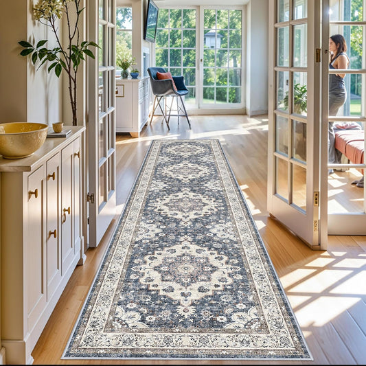 Regine Switzerland Washable 3x12 Hallway Runner Rug - Non-Slip Floral Design, Stain Resistant, Blue