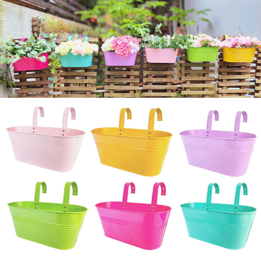 LaLaGreen Rail Planter Outdoor Plants (11.2 Inch, 6 Pack) Colorful Metal Iron Strawberry Hanging Flower Pots Deck Railing, Fence Wall Mount Bucket Modern Window Box Hooks Porch Garden Outside Decor