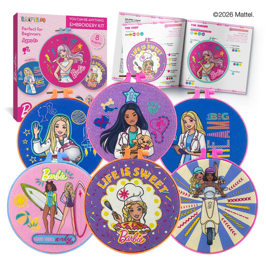 Barbie® Kids Embroidery Kit for Girls Ages 8-12 - Beginner Craft Kit with 8 Designs, 2 Hoops, Thread & Needles - Sewing Arts and Crafts Gift Set