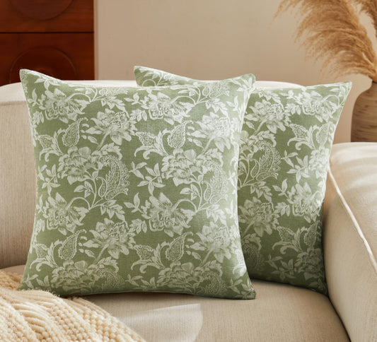 YZJZEDS Floral Jacquard Throw Pillow Covers Set of 2, Background/Green 18x18 Inch, Farmhouse Decorative Cotton Sage Green Cushion Covers for Sofa Bed Living Room Home Decor