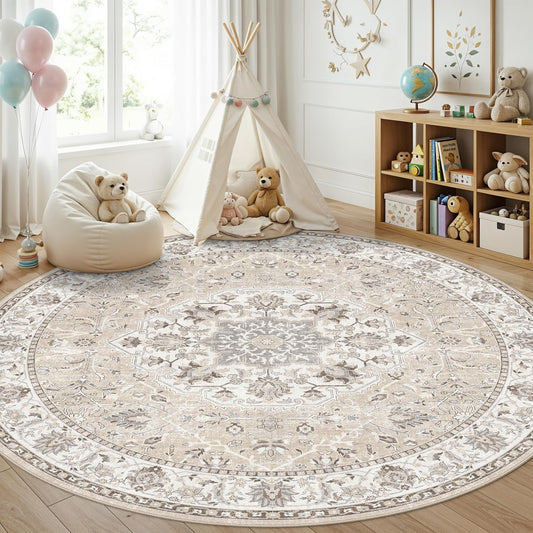 Skiennix 7x7 Living Room Area Rug - Washable Soft Round Oriental Print | Non-Slip, Stain Resistant Beige Mat