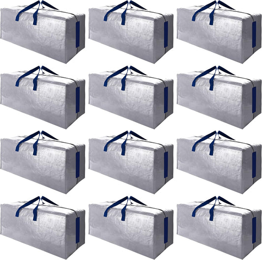 Sweet Dolphin Extra Large Moving Bags - Heavy Duty Storage Totes with Strong Zippers & Handles | 12 Pack, Silver