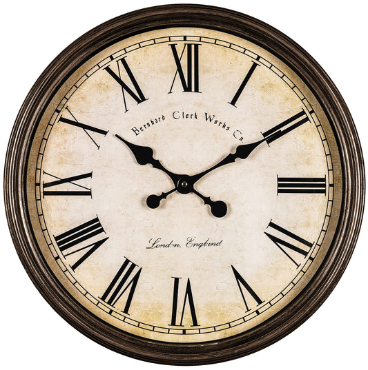 Bernhard Products Large Decorative Wall Clock 20 Inch Silent Non Ticking Battery Operated Quartz Vintage Stylish with Rustic Dark Brown Rim for Home Living/Dining Room Kitchen & Over Fireplace