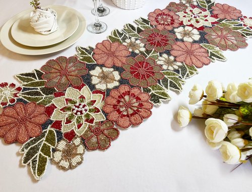 Enliven Handmade Spring Beaded Table Runner, 13x36 Inches Lightweight Decorative Table Runner, Perfect for Dining/Wedding/Party/Everyday Use & Easy to Clean, Elegant Floral Beaded Runner (Multicolor)
