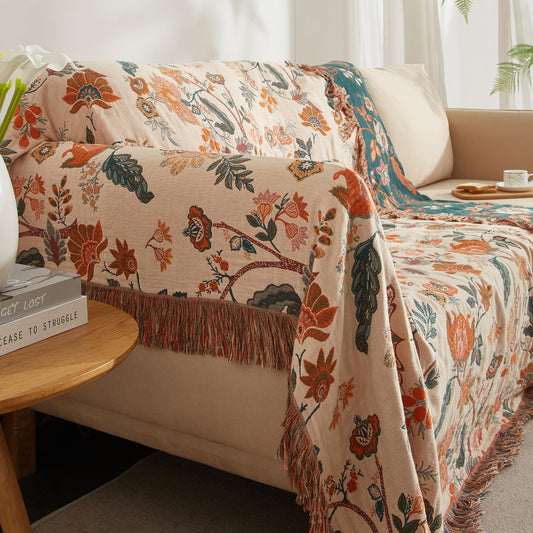 Boho Throw Blanket for Bed 60”x80”, 100% Cotton Woven Blanket for Couch Sofa, Ultra Soft 4-Layer Muslin Quilt with Floral Printed, Farmhouse Bed Blanket/Cover for Living Room Decor