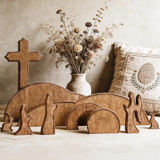 TW SHINE Easter Scene Decoration - Wooden Empty Tomb & Cross Tray Set for Home or Office