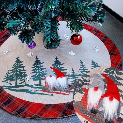 Juegoal 32-Inch Christmas Burlap Tree Skirt - Soft Red & Black Plaid with Gnome Sledding Design